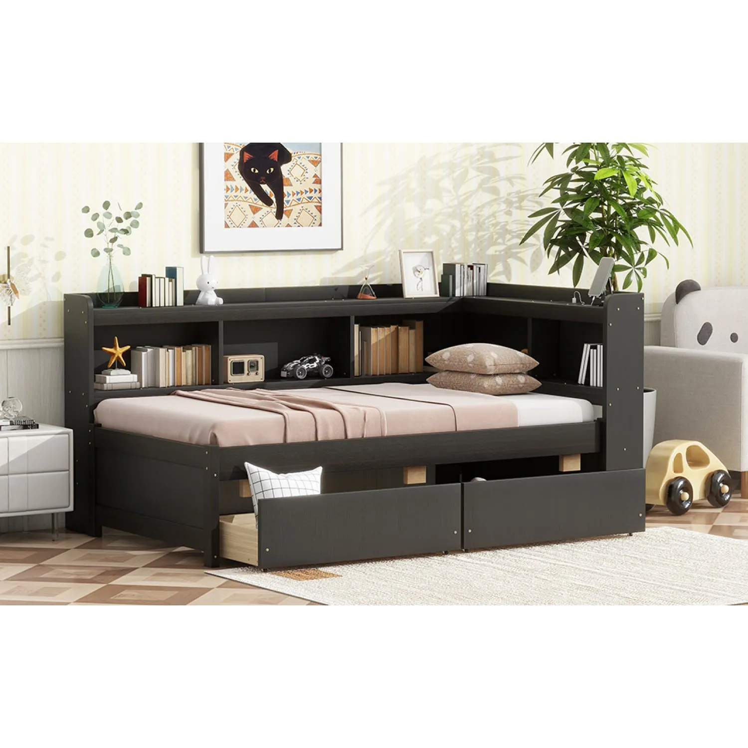 Streamdale Twin L-Shaped Bookcase Bed w/ Outlets & Drawers - Espresso