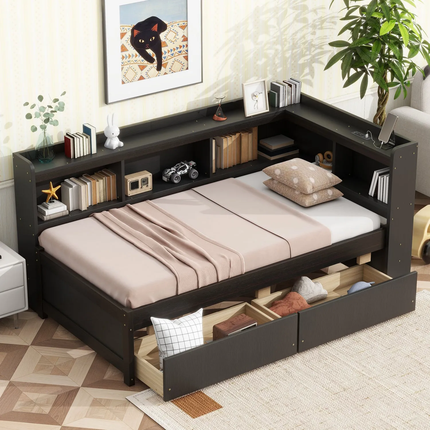 Streamdale Twin L-Shaped Bookcase Bed w/ Outlets & Drawers - Espresso