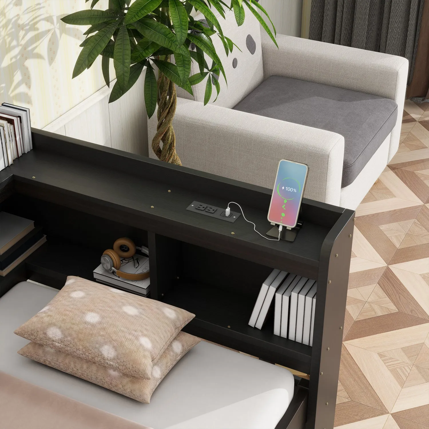 Streamdale Twin L-Shaped Bookcase Bed w/ Outlets & Drawers - Espresso