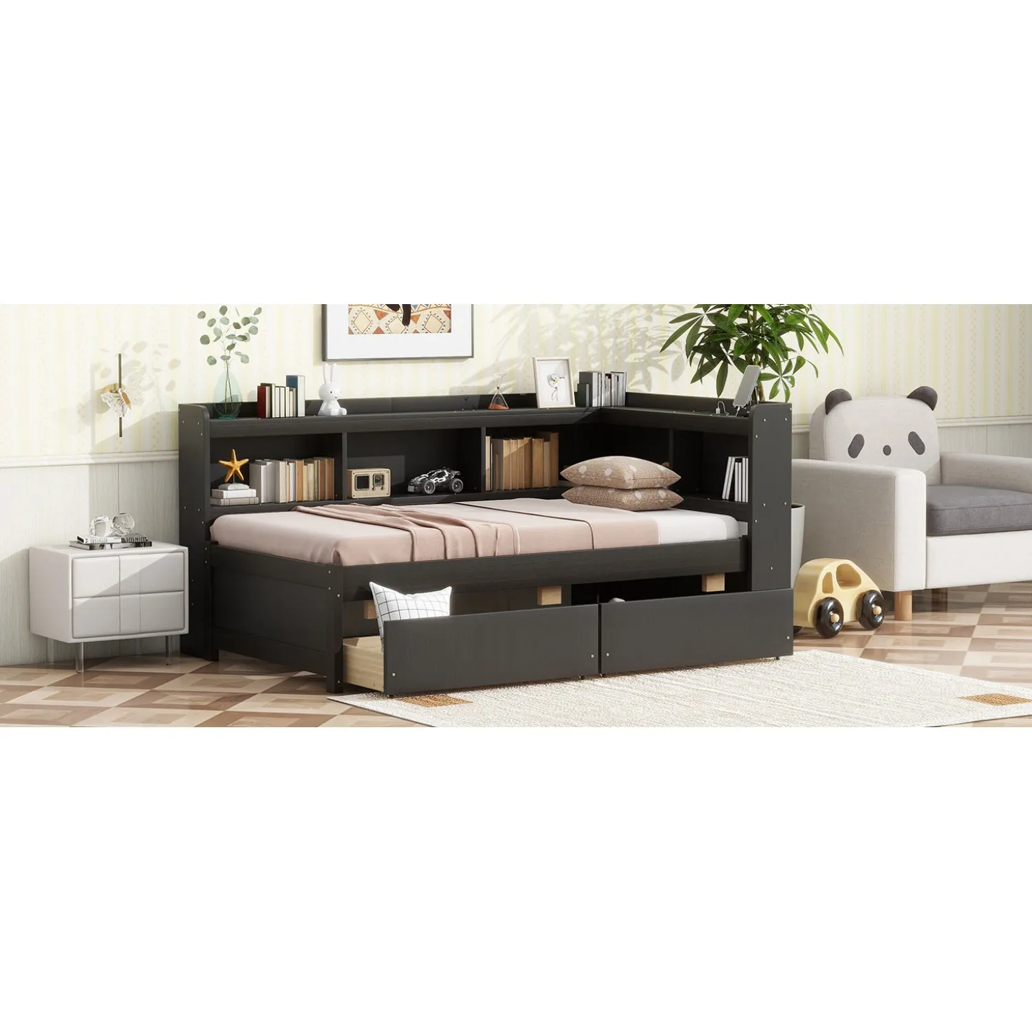 Streamdale Twin L-Shaped Bookcase Bed w/ Outlets & Drawers - Espresso