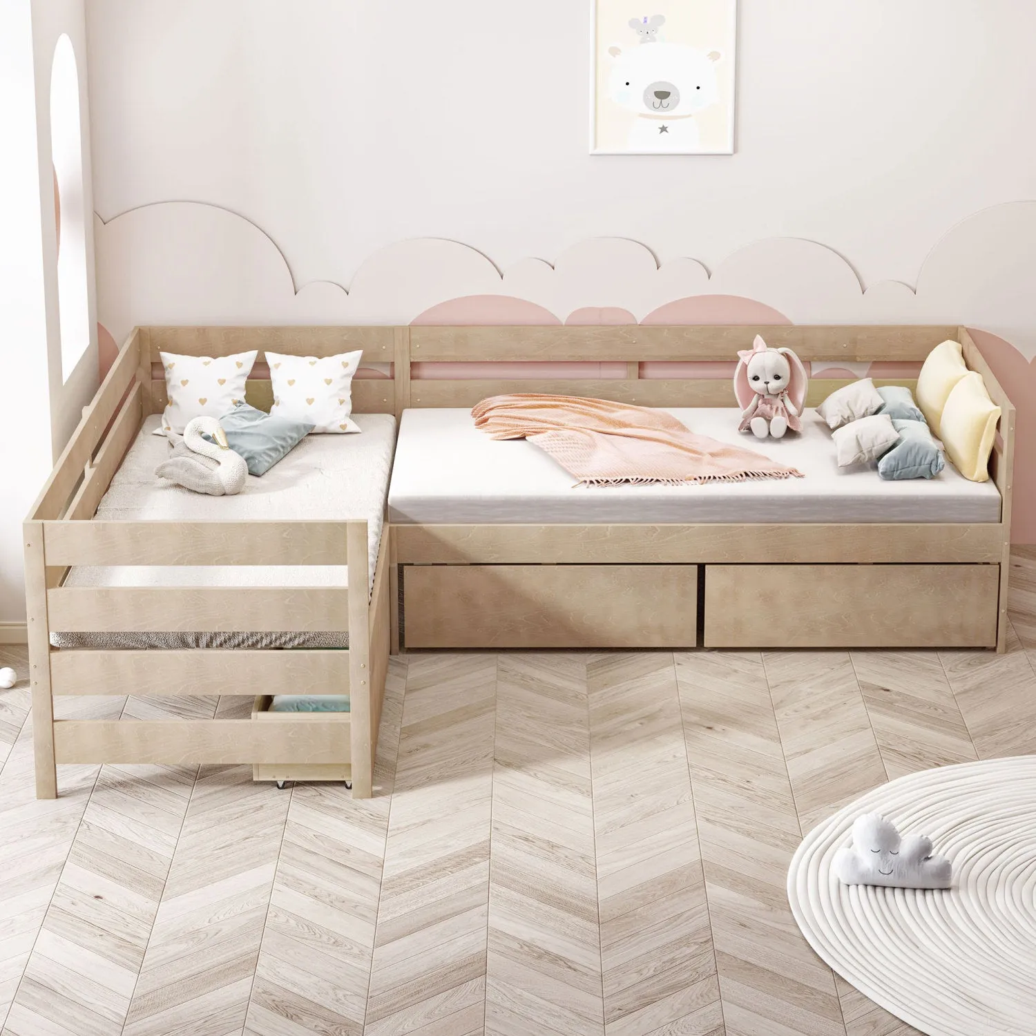 Streamdale Twin Size L-shaped Platform Bed with Three Storage Drawers