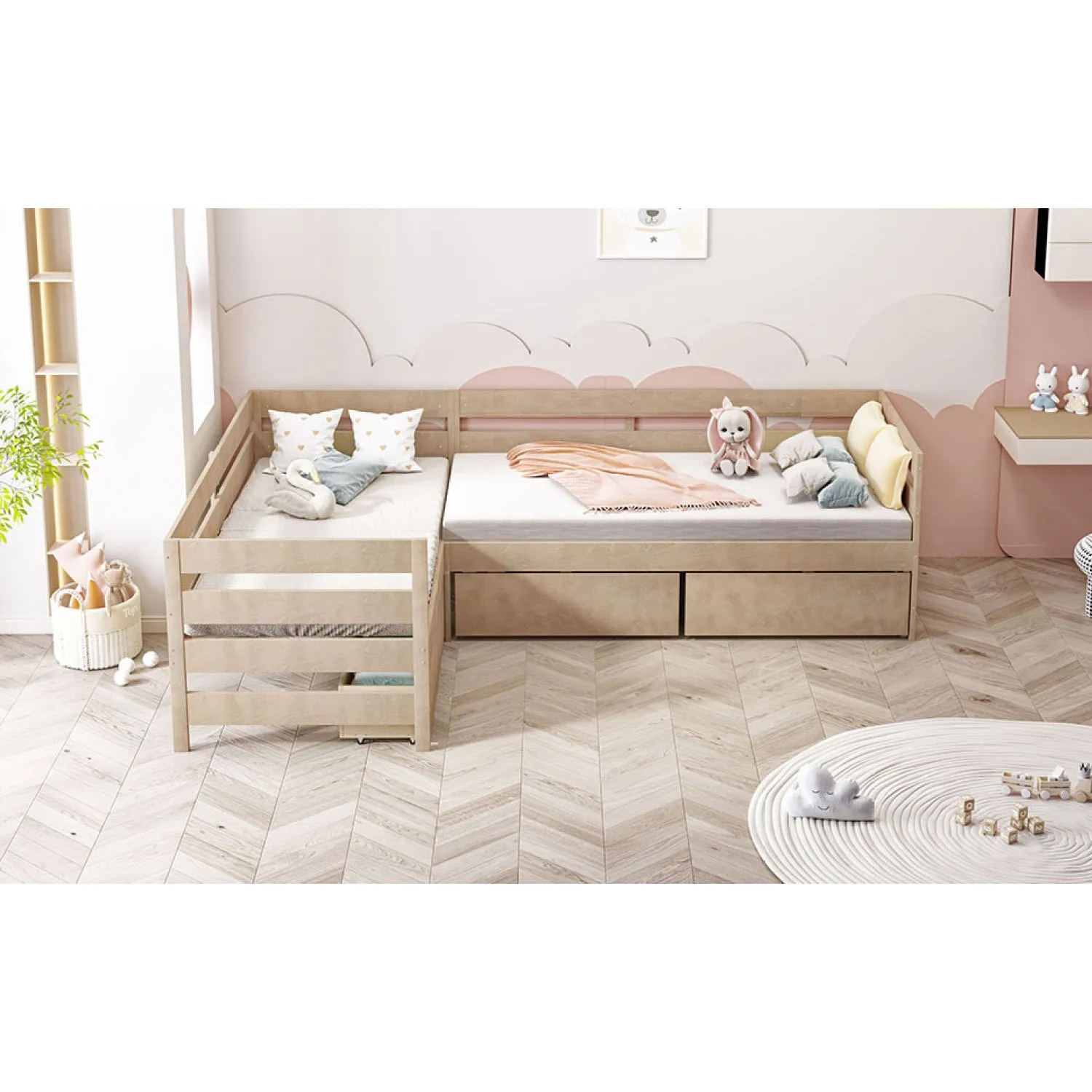 Streamdale Twin Size L-shaped Platform Bed with Three Storage Drawers