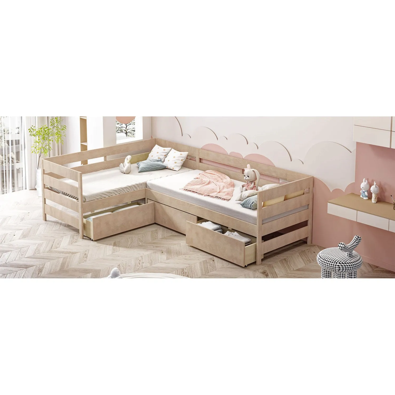 Streamdale Twin Size L-shaped Platform Bed with Three Storage Drawers