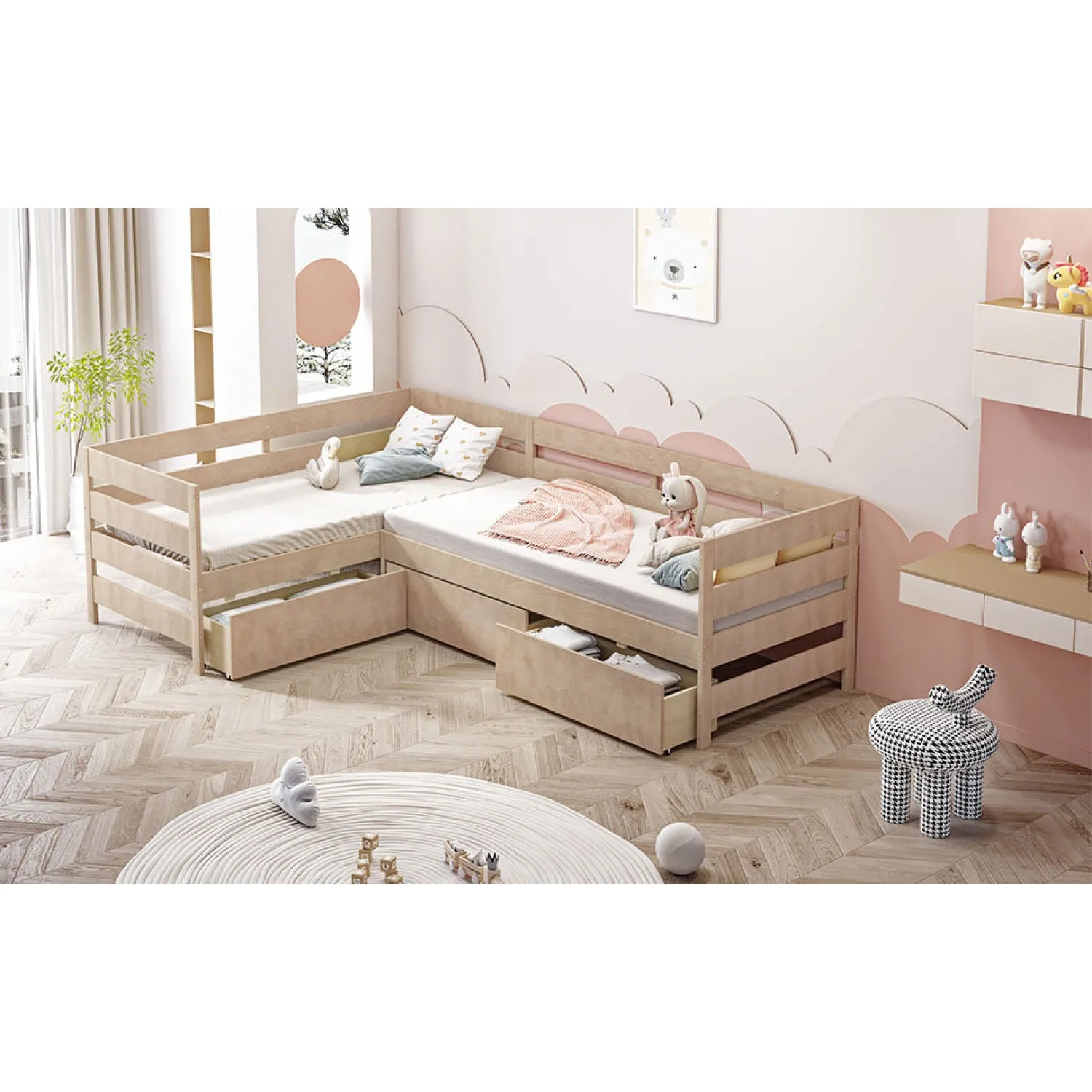 Streamdale Twin Size L-shaped Platform Bed with Three Storage Drawers