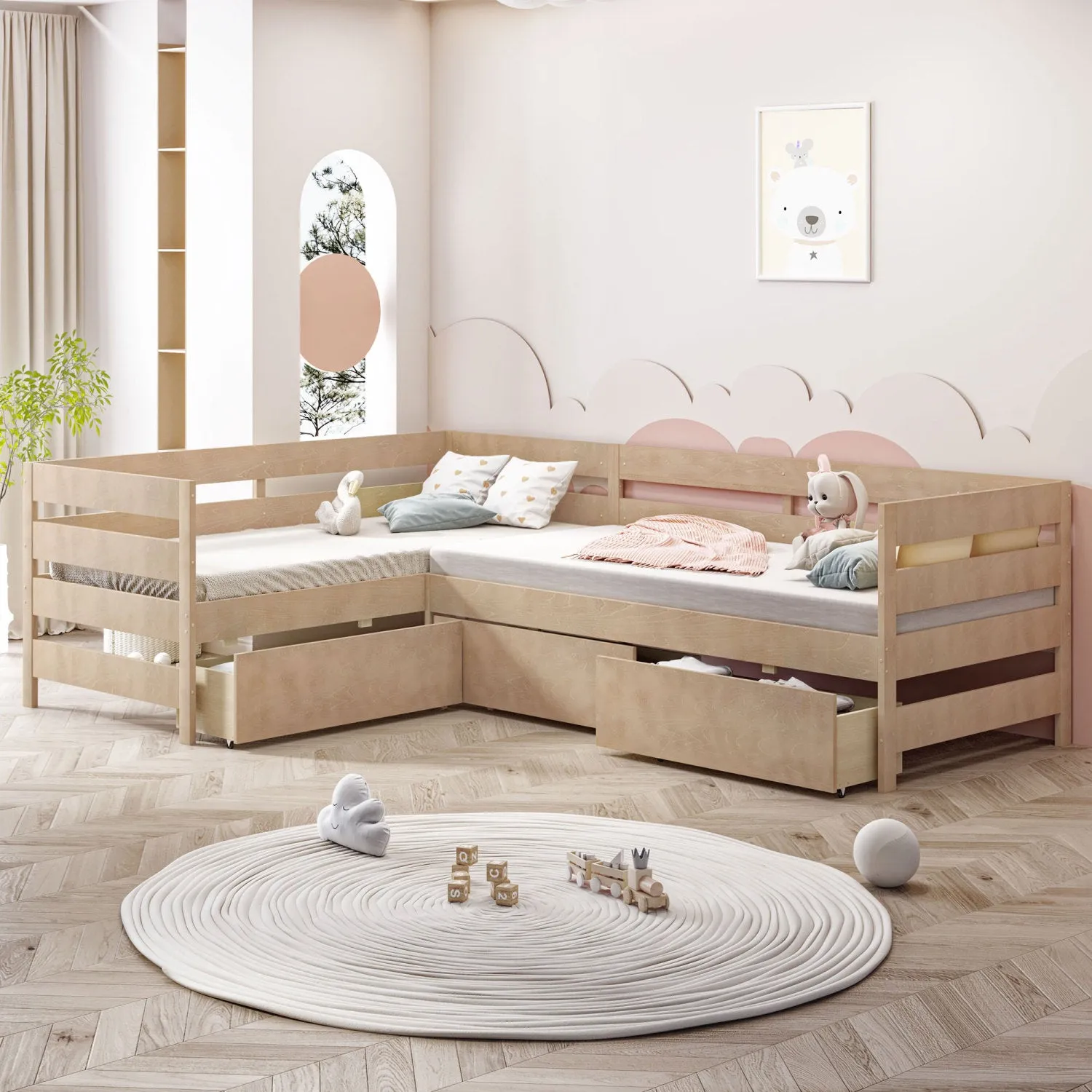 Streamdale Twin Size L-shaped Platform Bed with Three Storage Drawers