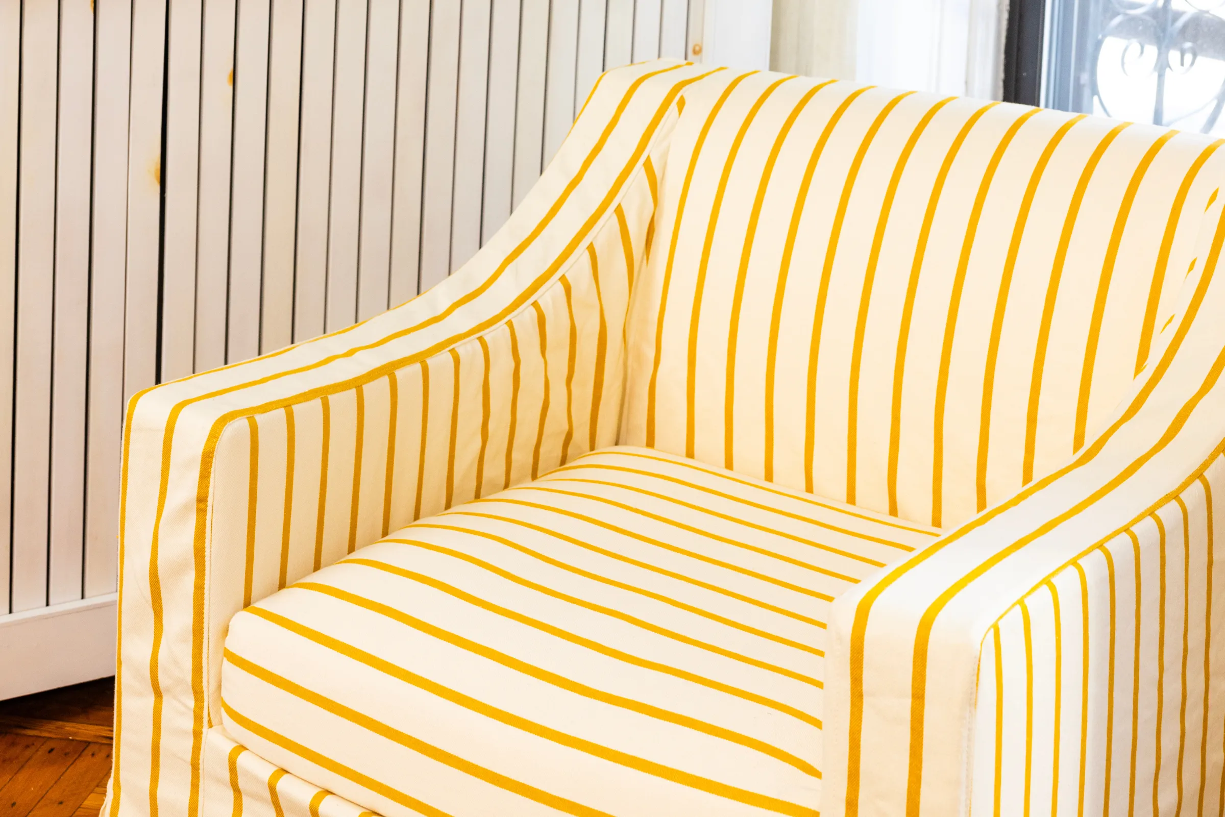 The Evergreen Chair in a Striped Hemp Blend