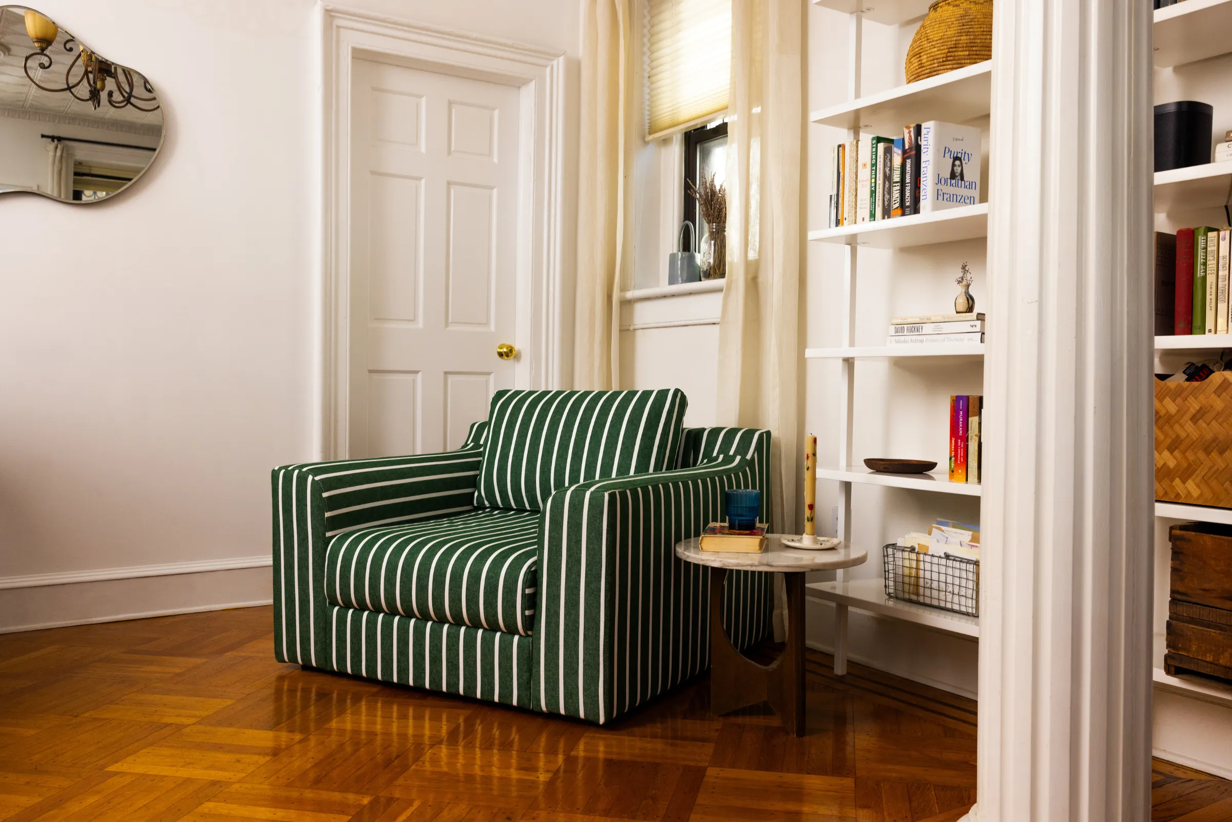 The Evergreen Ottoman in a Striped Hemp Blend