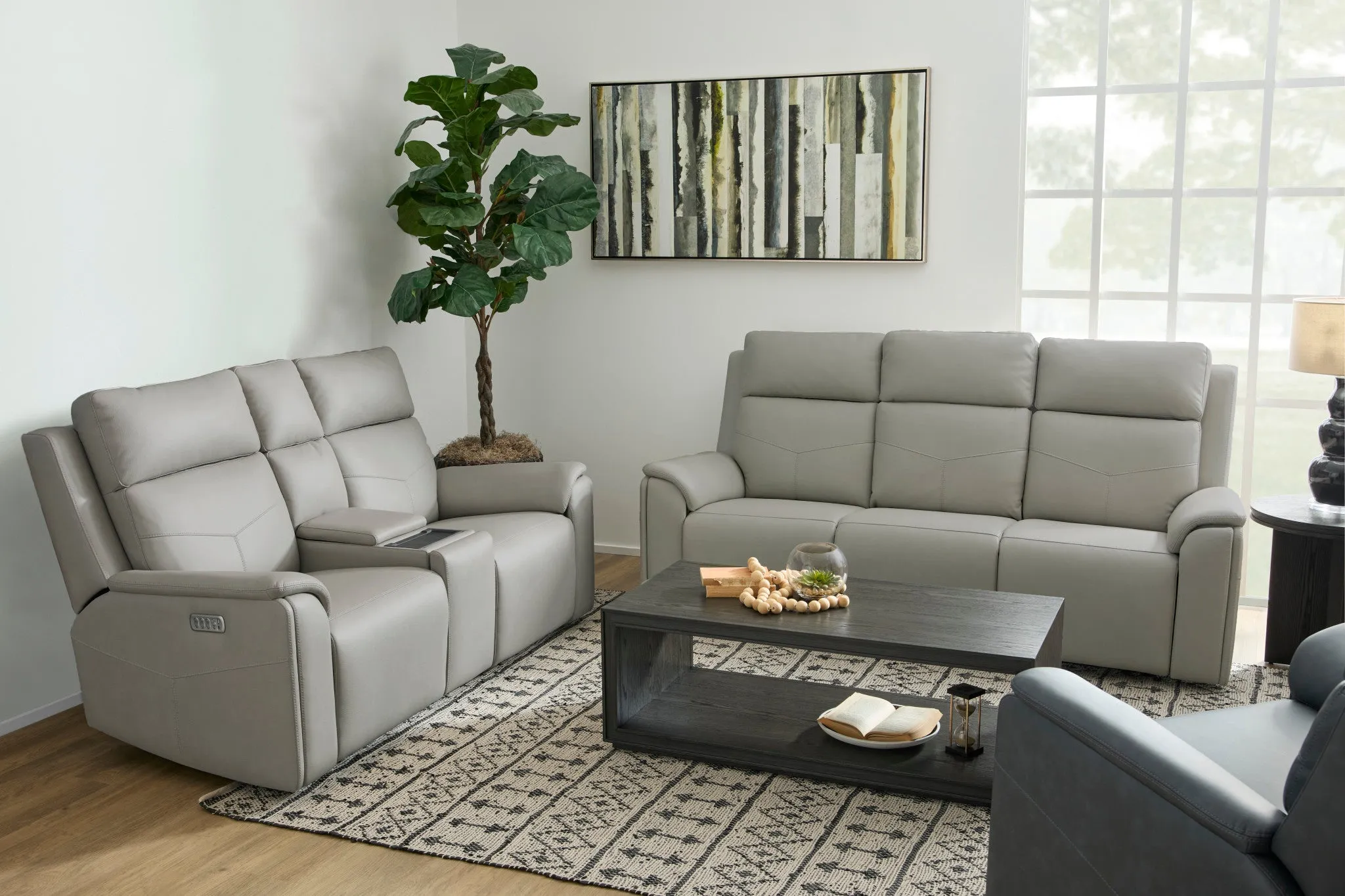 Vernon Dove Grey Fabric Power Reclining Sofa with Power Headrests, Lumbar, Heat & Massage